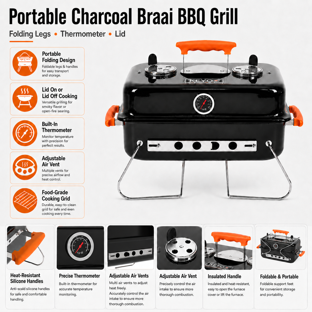 Portable Charcoal Braai BBQ Grill With Folding Legs Thermometer and Lid