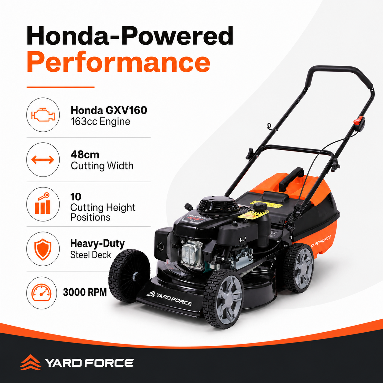 YARD FORCE 163cc Petrol Lawnmower Honda GXV160 Mulch & Catch 48cm Cut