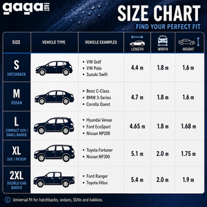 GagaFast Blue Shield Car Cover Size Chart – S to 2XL for Hatchback Sedan SUV and Double-Cab Bakkie
