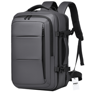 Dark grey 40L expandable travel laptop backpack, front three-quarter view