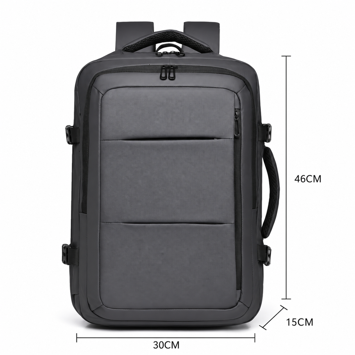 Grey travel laptop backpack front view with dimensions: 46cm high, 30cm wide, 15cm deep