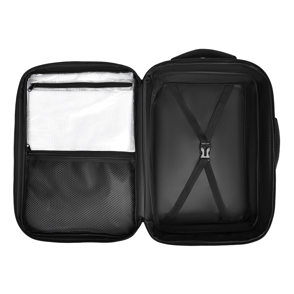Grey travel backpack opened flat, suitcase-style, showing mesh pockets and straps