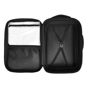 Grey travel backpack opened flat, suitcase-style, showing mesh pockets and straps