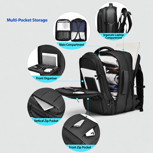 Multi-pocket storage of the 40L backpack: main, laptop, front and zip pockets