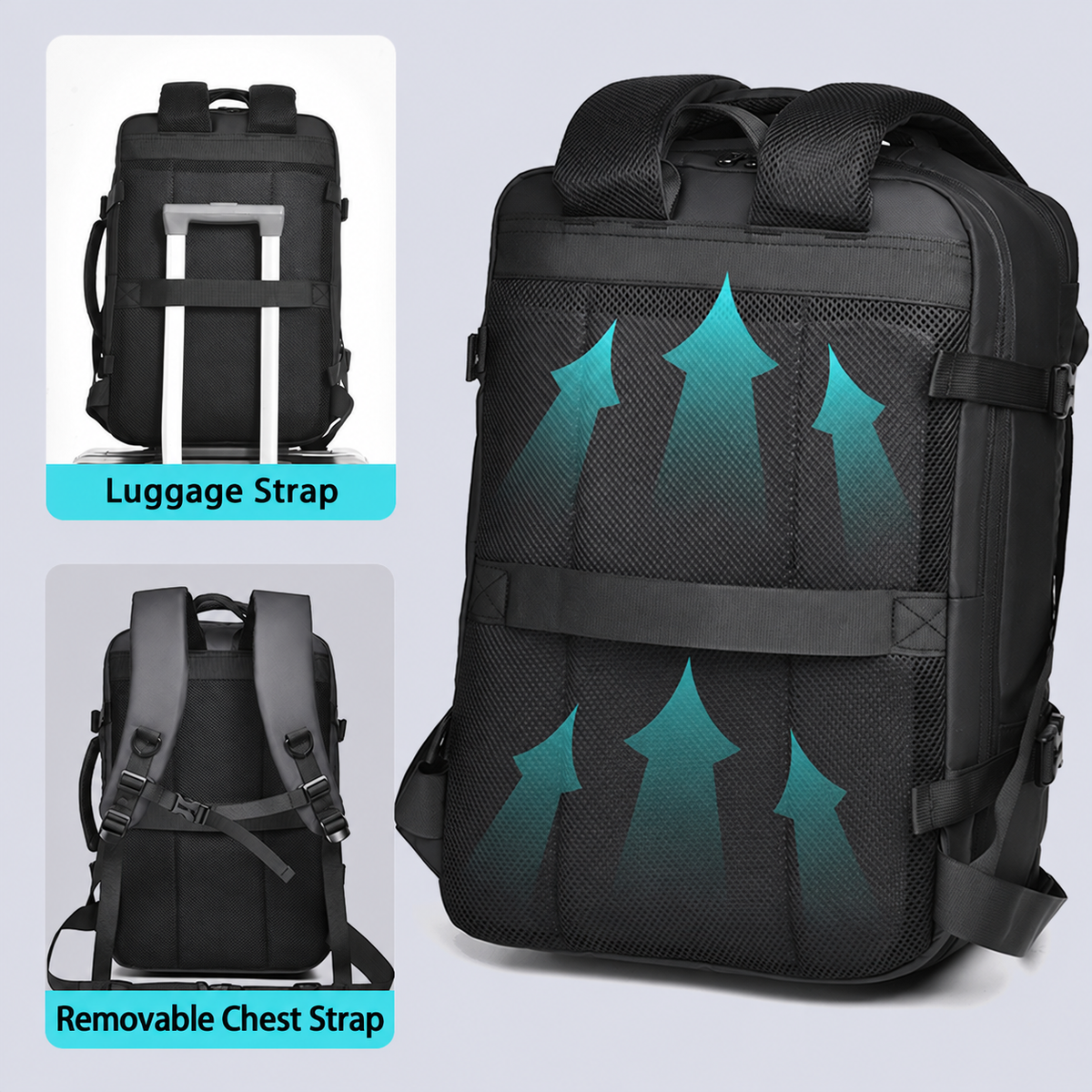 Grey backpack luggage strap and removable chest strap with breathable back panel