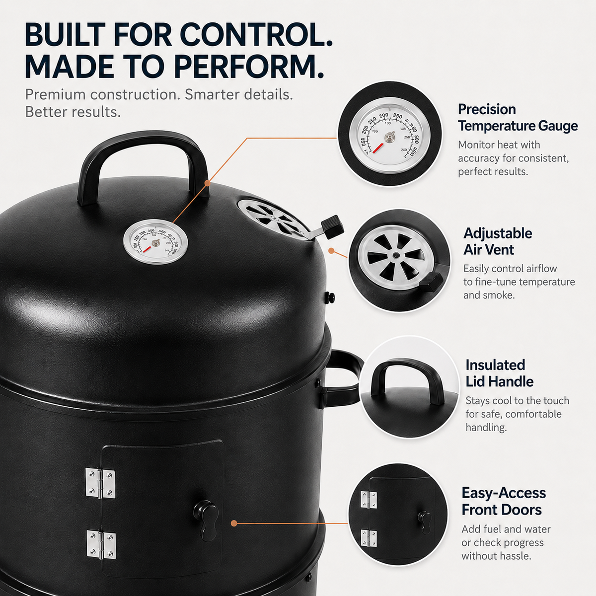 3-in-1 Charcoal Smoker with Thermometer BBQ Grill Fire Pit Braai Vertical Outdoor Portable