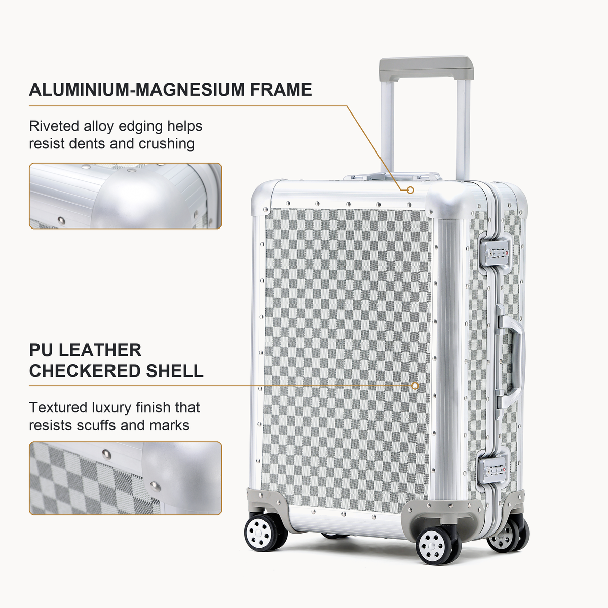 White suitcase with aluminium-magnesium frame and PU checkered shell details