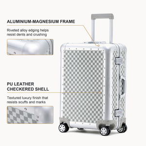 White suitcase with aluminium-magnesium frame and PU checkered shell details