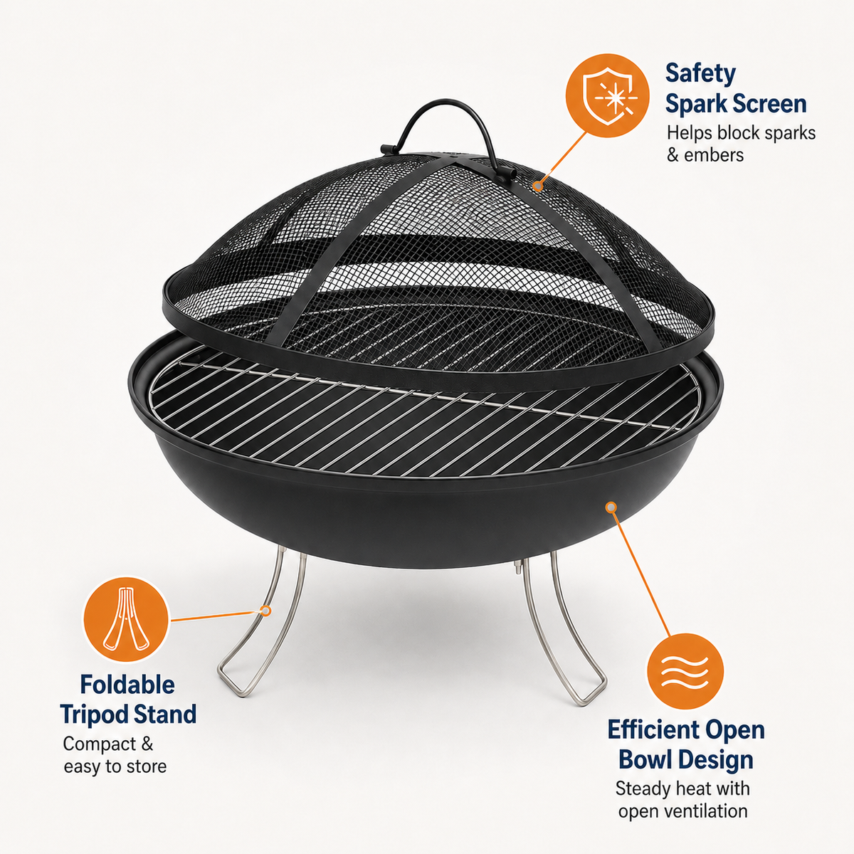 Portable Fire Pit 18.5" Folding Outdoor Wood Braai BBQ Grill Spark Screen