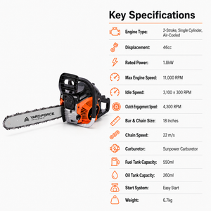 YARD FORCE 46cc Petrol Chainsaw 18" Bar 2-Stroke Engine Easy Start