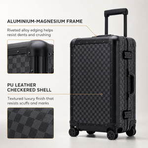 Black suitcase with aluminium-magnesium frame and PU checkered shell details