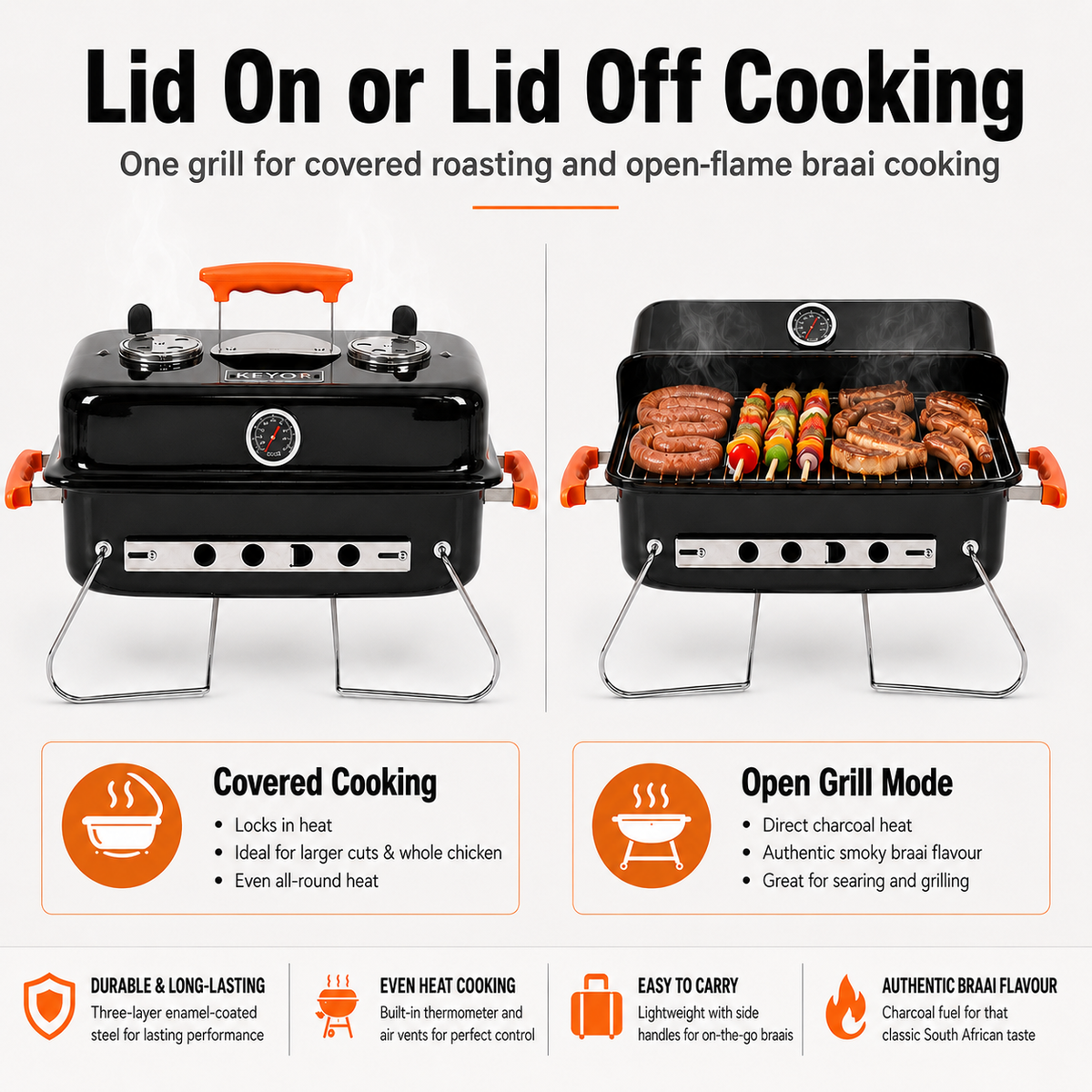 Portable Charcoal Braai BBQ Grill With Folding Legs Thermometer and Lid