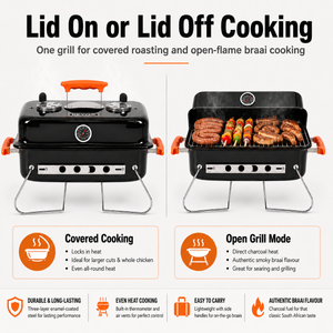 Portable Charcoal Braai BBQ Grill With Folding Legs Thermometer and Lid