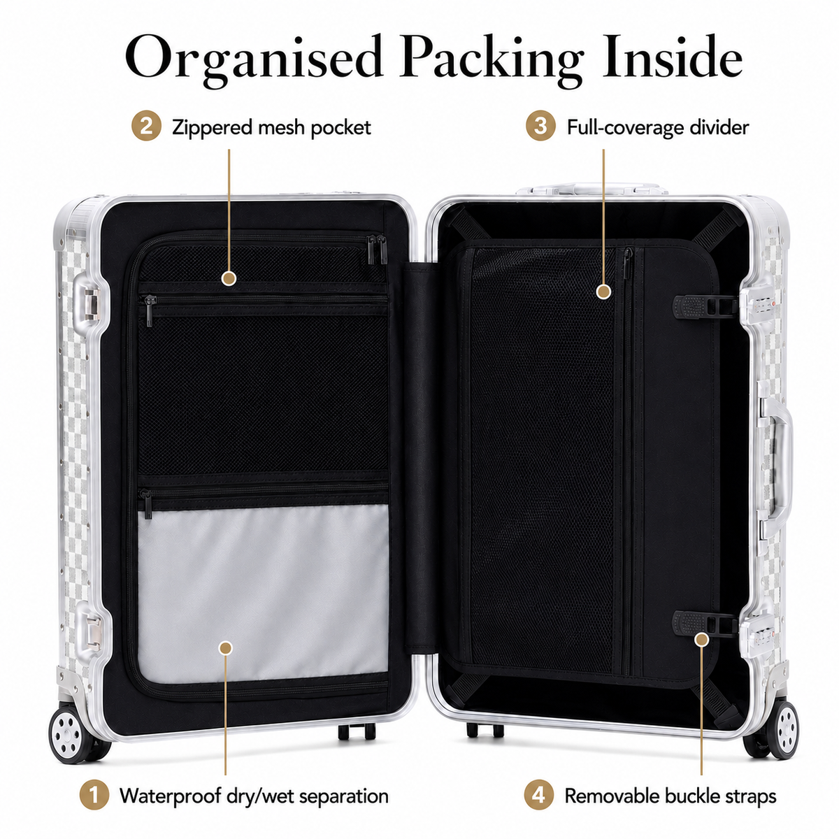 Open white suitcase showing mesh pocket, packing straps and wet-dry compartment