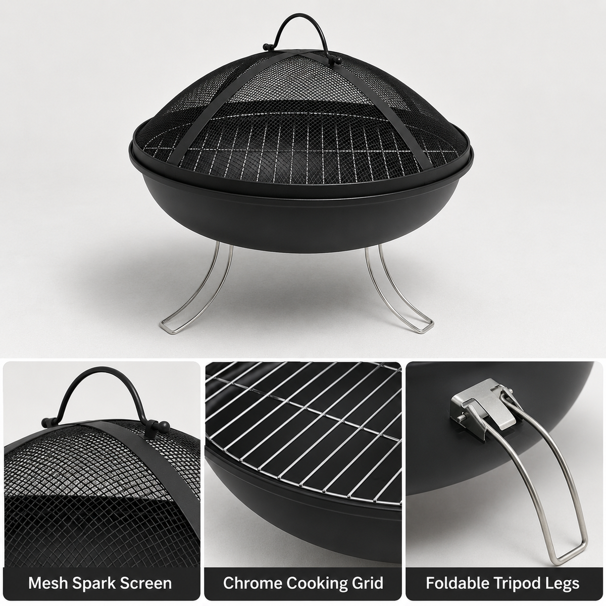 Portable Fire Pit 18.5" Folding Outdoor Wood Braai BBQ Grill Spark Screen