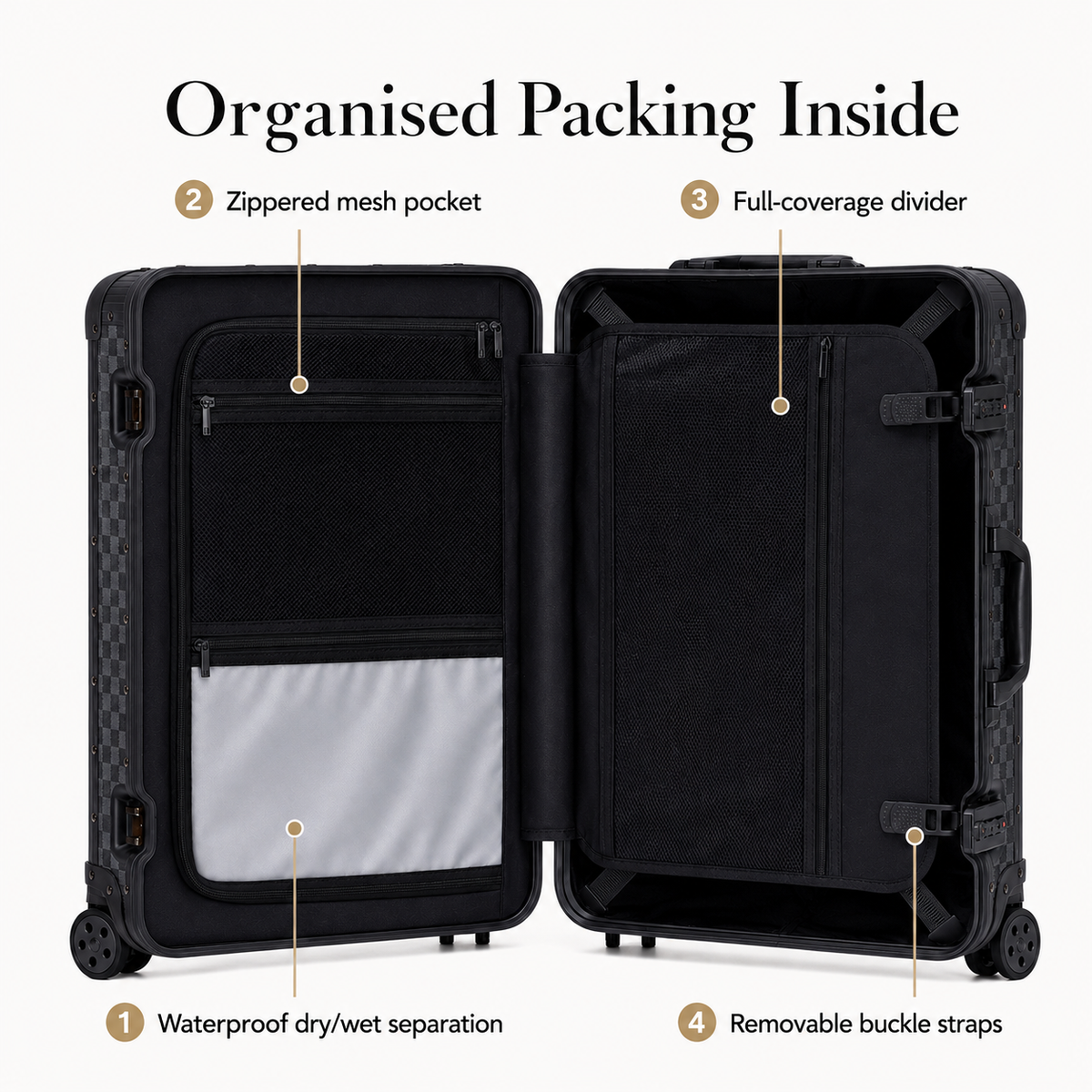 Open black suitcase showing mesh pocket, packing straps and wet-dry compartment