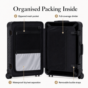 Open black suitcase showing mesh pocket, packing straps and wet-dry compartment