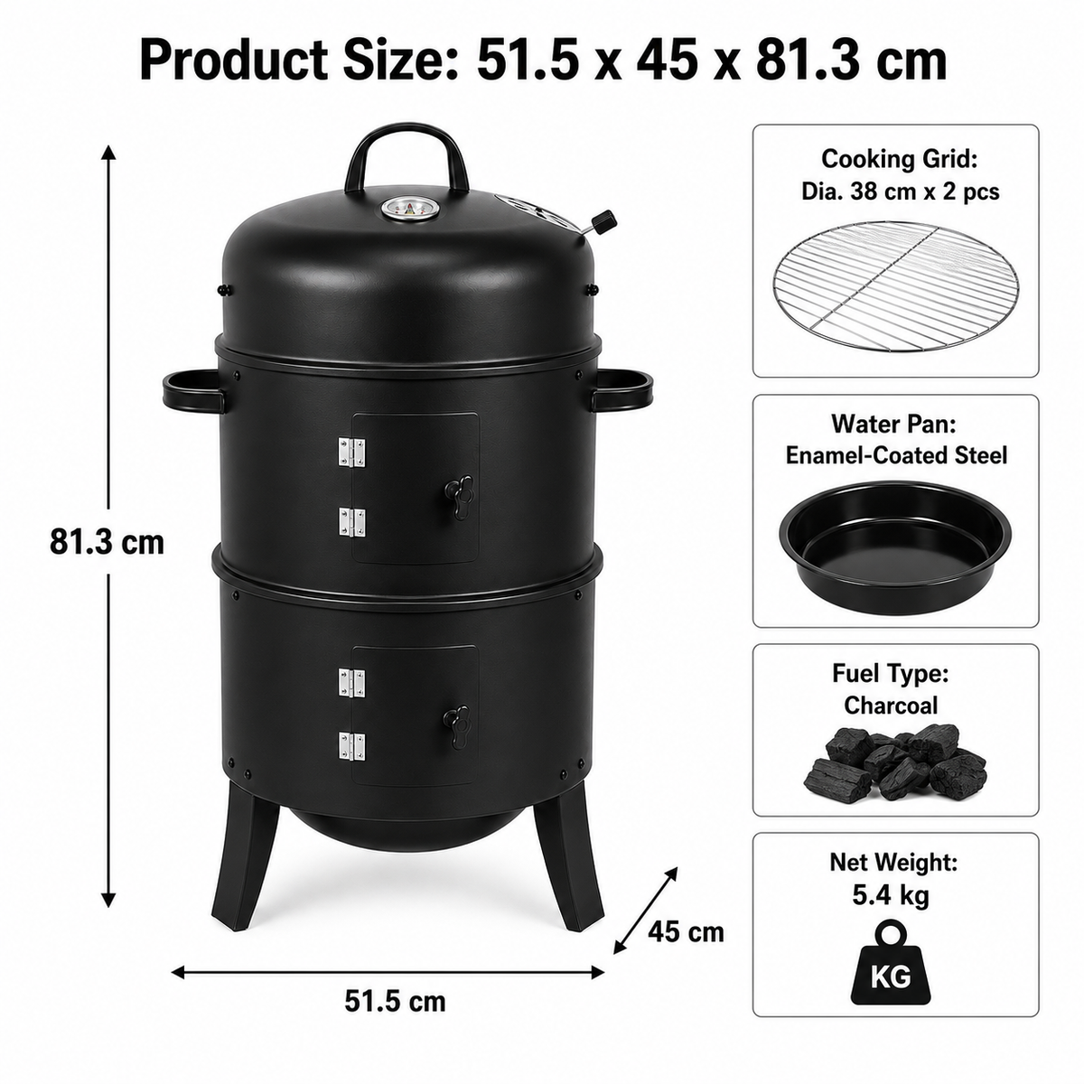 3-in-1 Charcoal Smoker with Thermometer BBQ Grill Fire Pit Braai Vertical Outdoor Portable