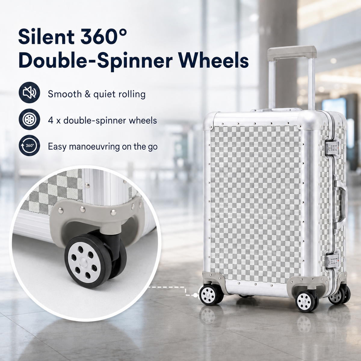 White suitcase showing 360-degree double-spinner wheels