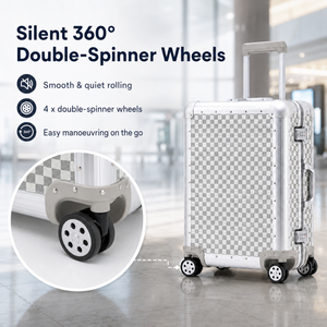 White suitcase showing 360-degree double-spinner wheels