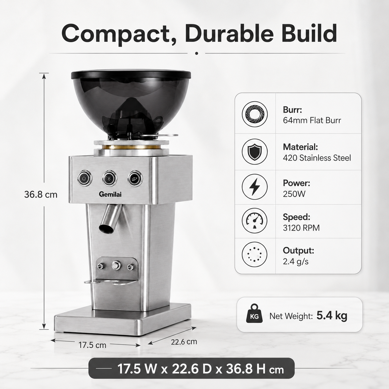 Gemilai Electric Coffee Grinder 64mm Flat Burr Espresso Single Dose Steel