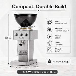 Gemilai Electric Coffee Grinder 64mm Flat Burr Espresso Single Dose Steel