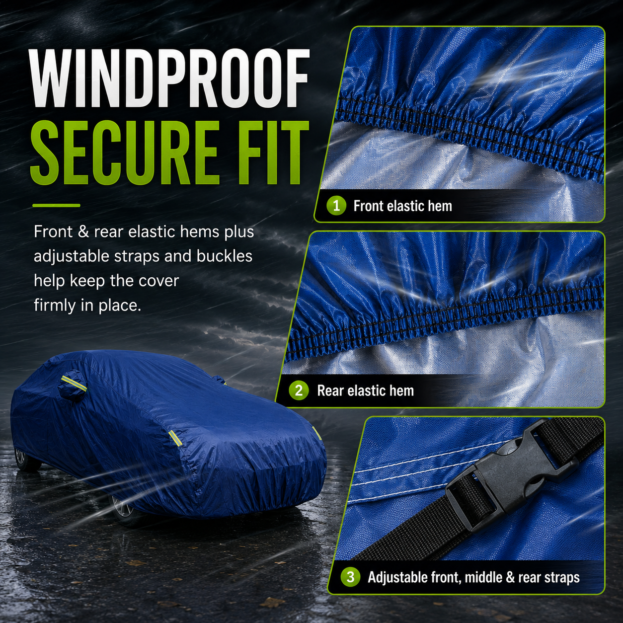 GagaFast Blue Shield Car Cover Windproof Secure Fit – Elastic Hems and Adjustable Buckle Straps
