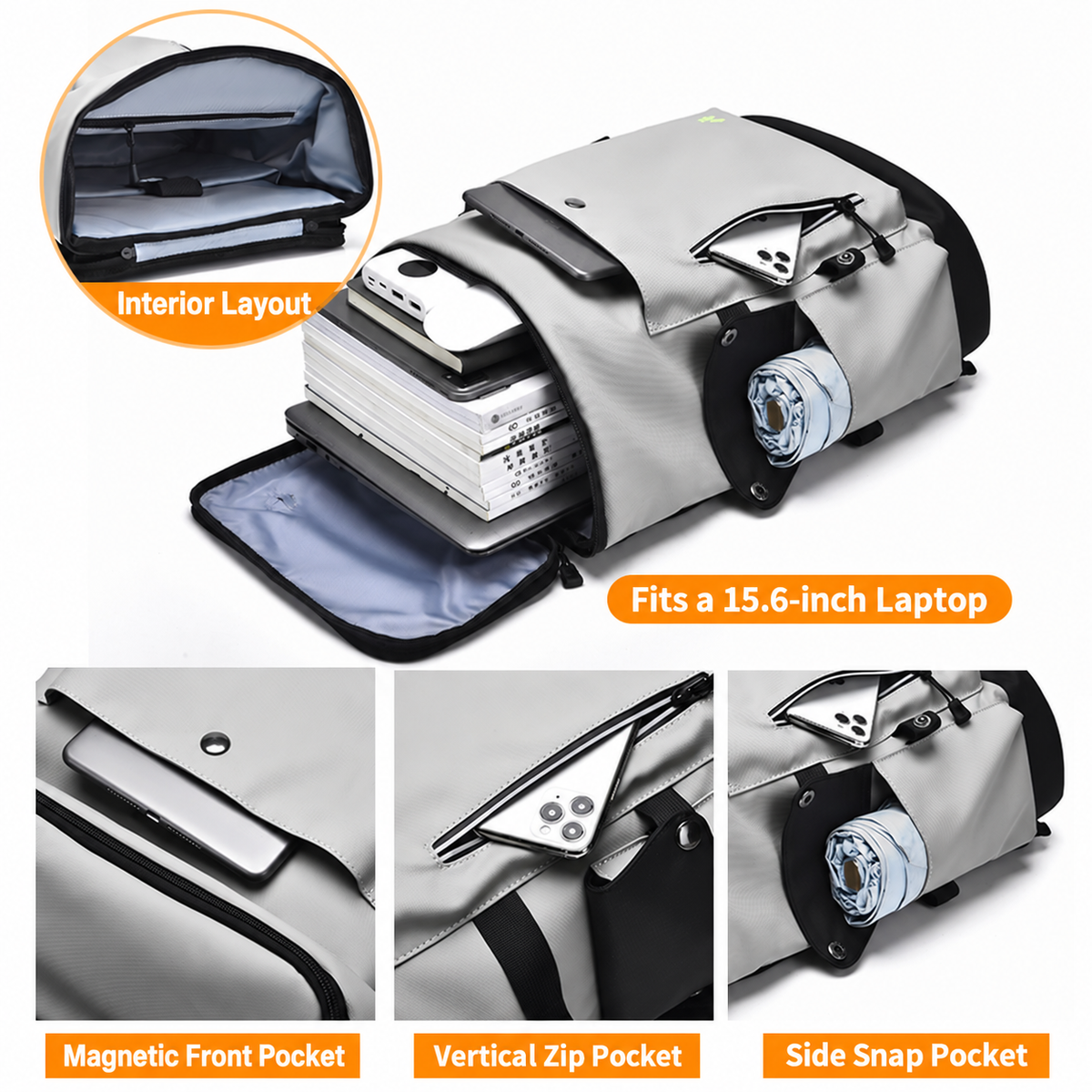 15.6 Inch Water Resistant Snap Button Flap Laptop Backpack with USB Port
