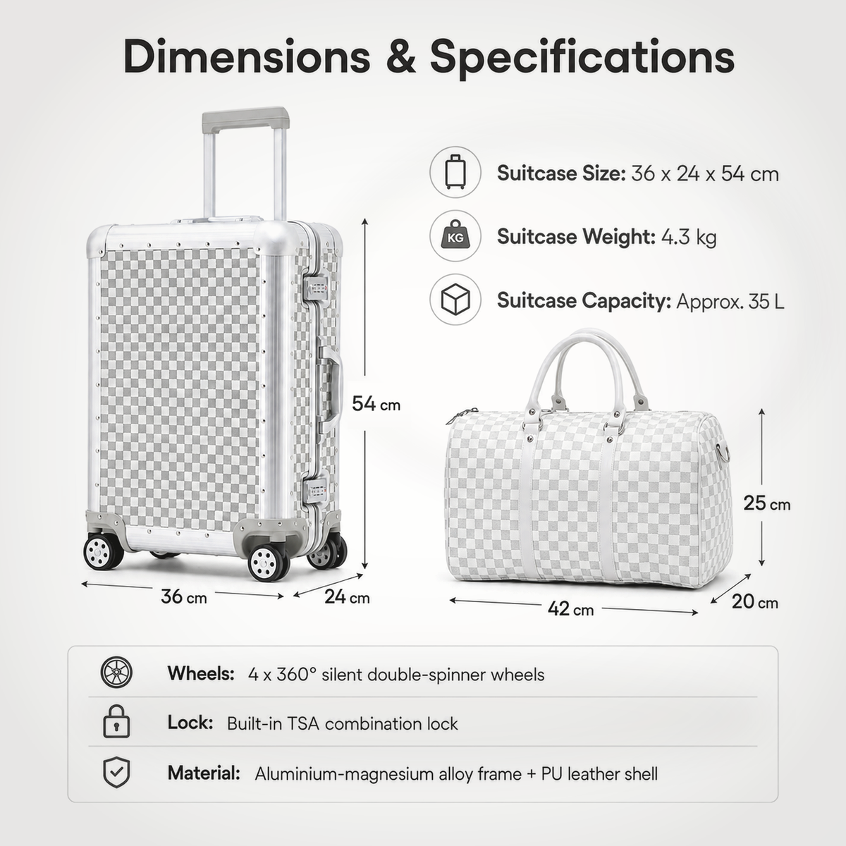 White suitcase and duffel dimensions: 36 x 24 x 54 cm and 42 x 20 x 25 cm