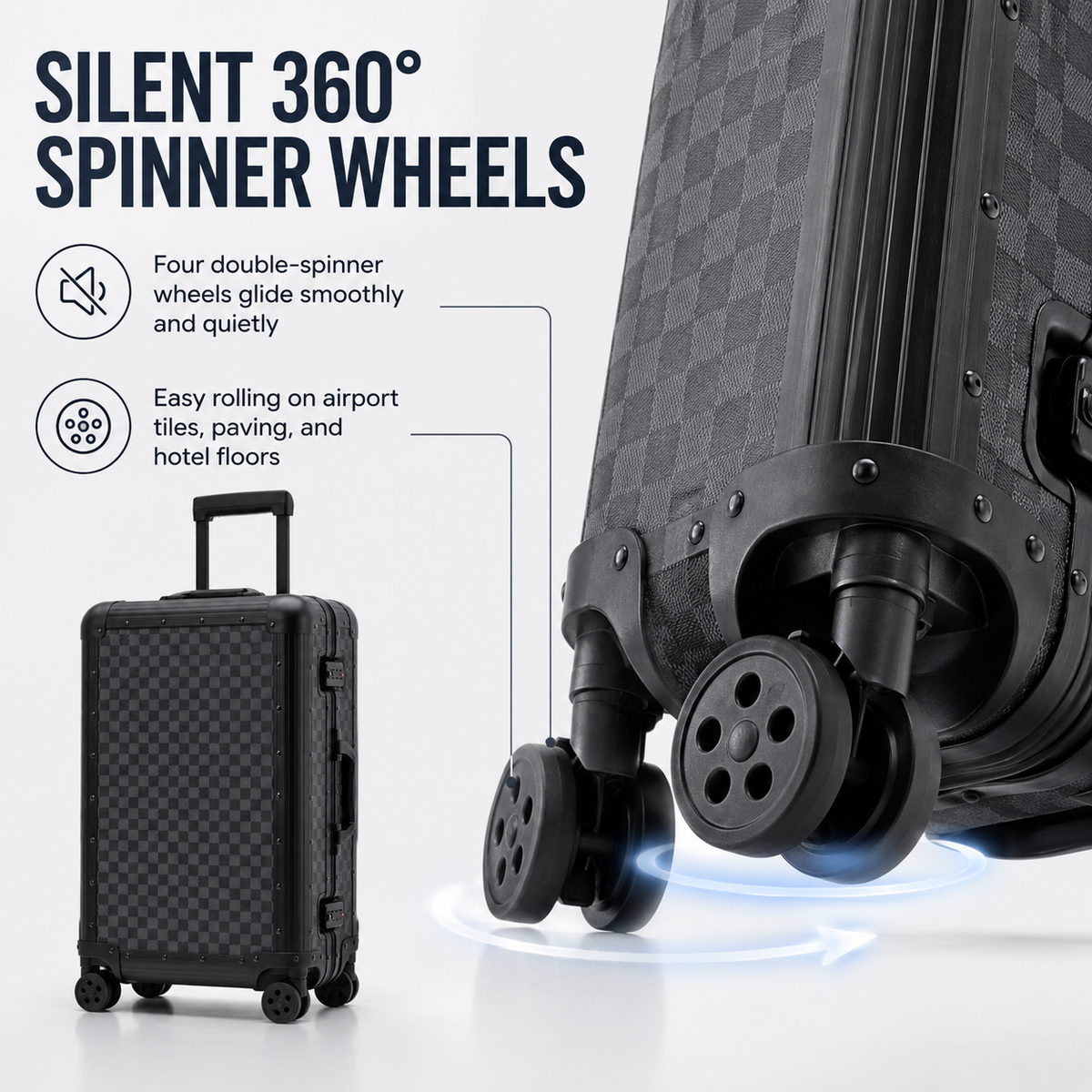 Black suitcase showing 360-degree double-spinner wheel detail