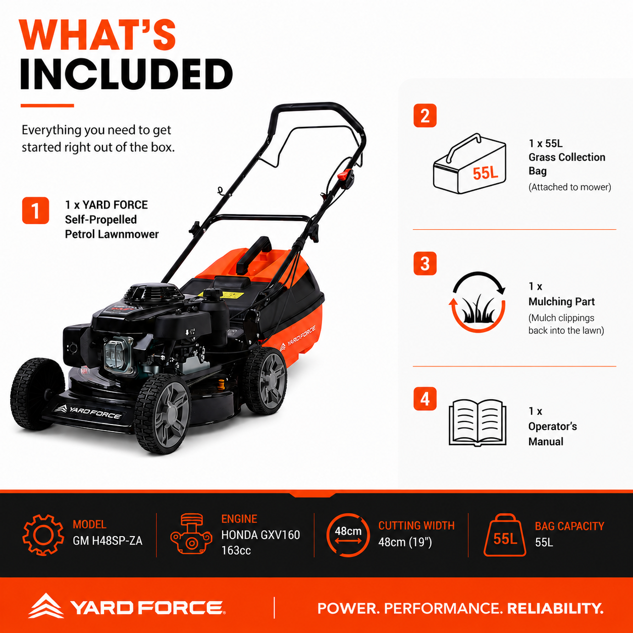 YARD FORCE 163cc Petrol Lawnmower Honda GXV160 Mulch & Catch Self-Propelled