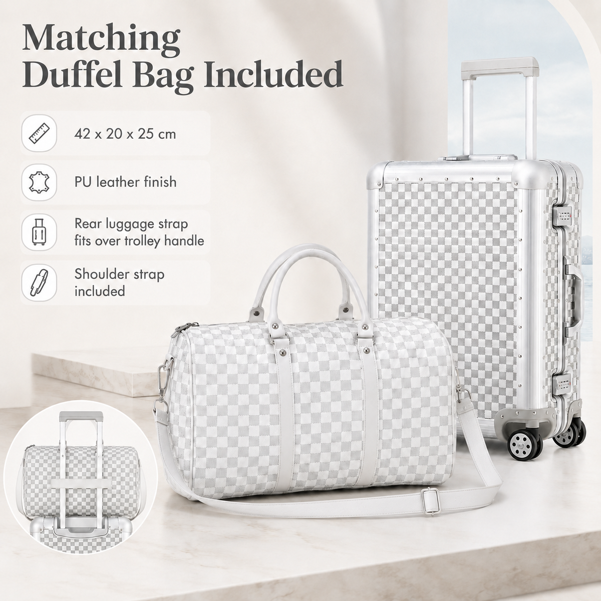 White checkered duffel bag with matching suitcase and shoulder strap