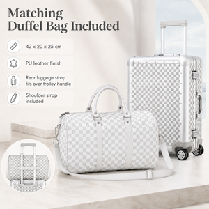 White checkered duffel bag with matching suitcase and shoulder strap