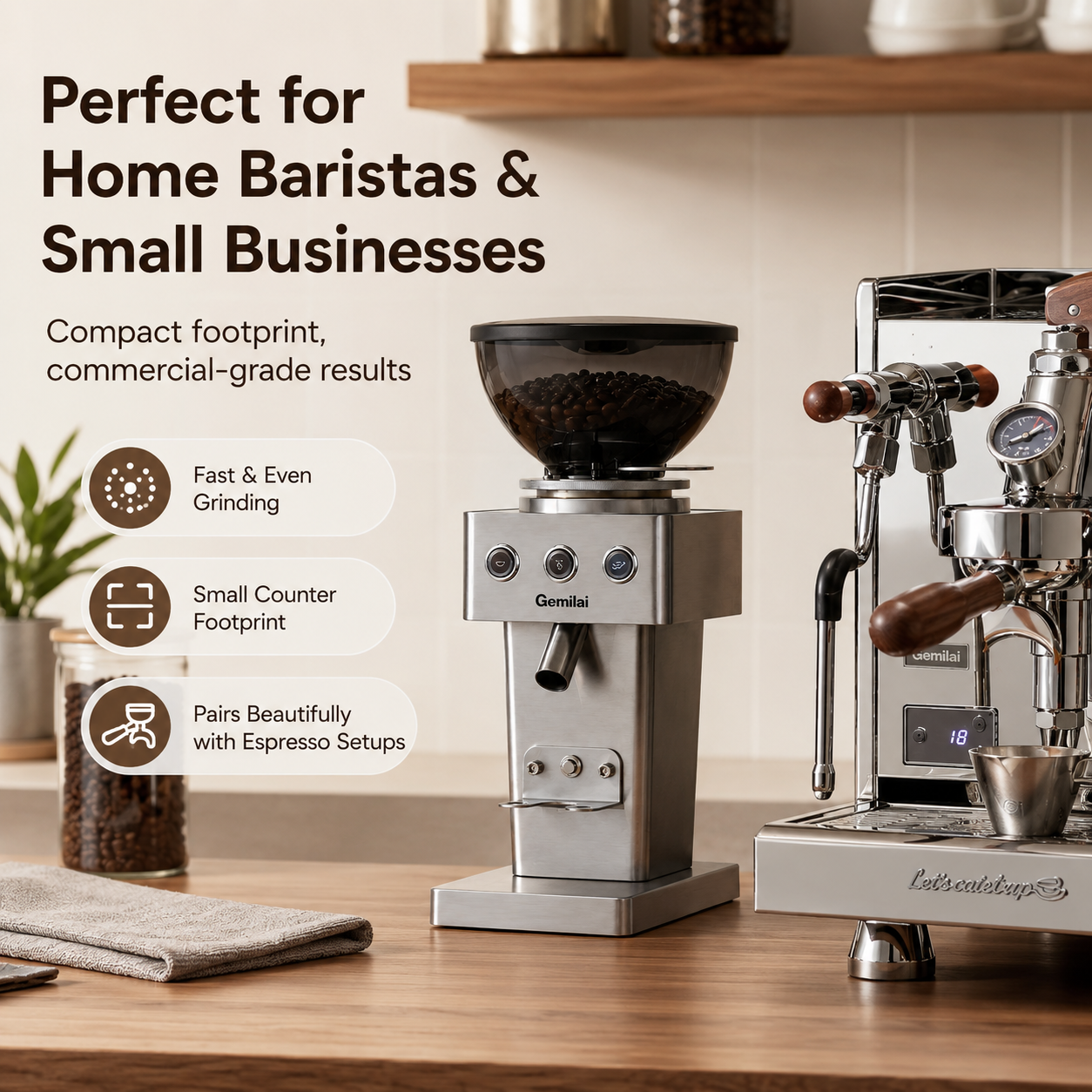 Gemilai Electric Coffee Grinder 64mm Flat Burr Espresso Single Dose Steel