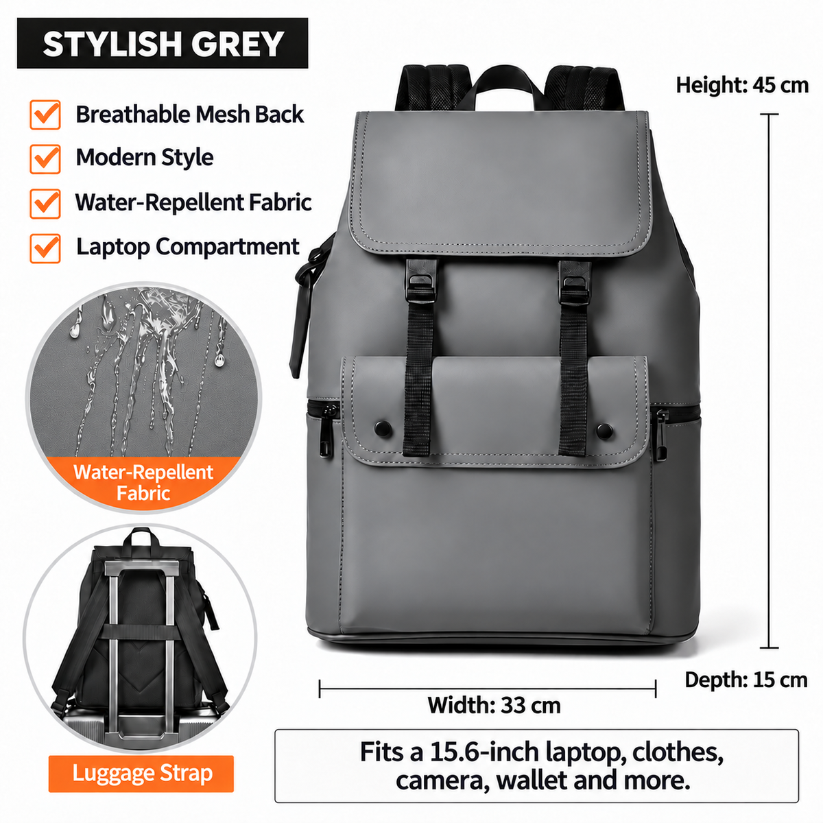 15.6 Inch Laptop Backpack Minimalist Modern PU Travel Bag with Luggage Strap