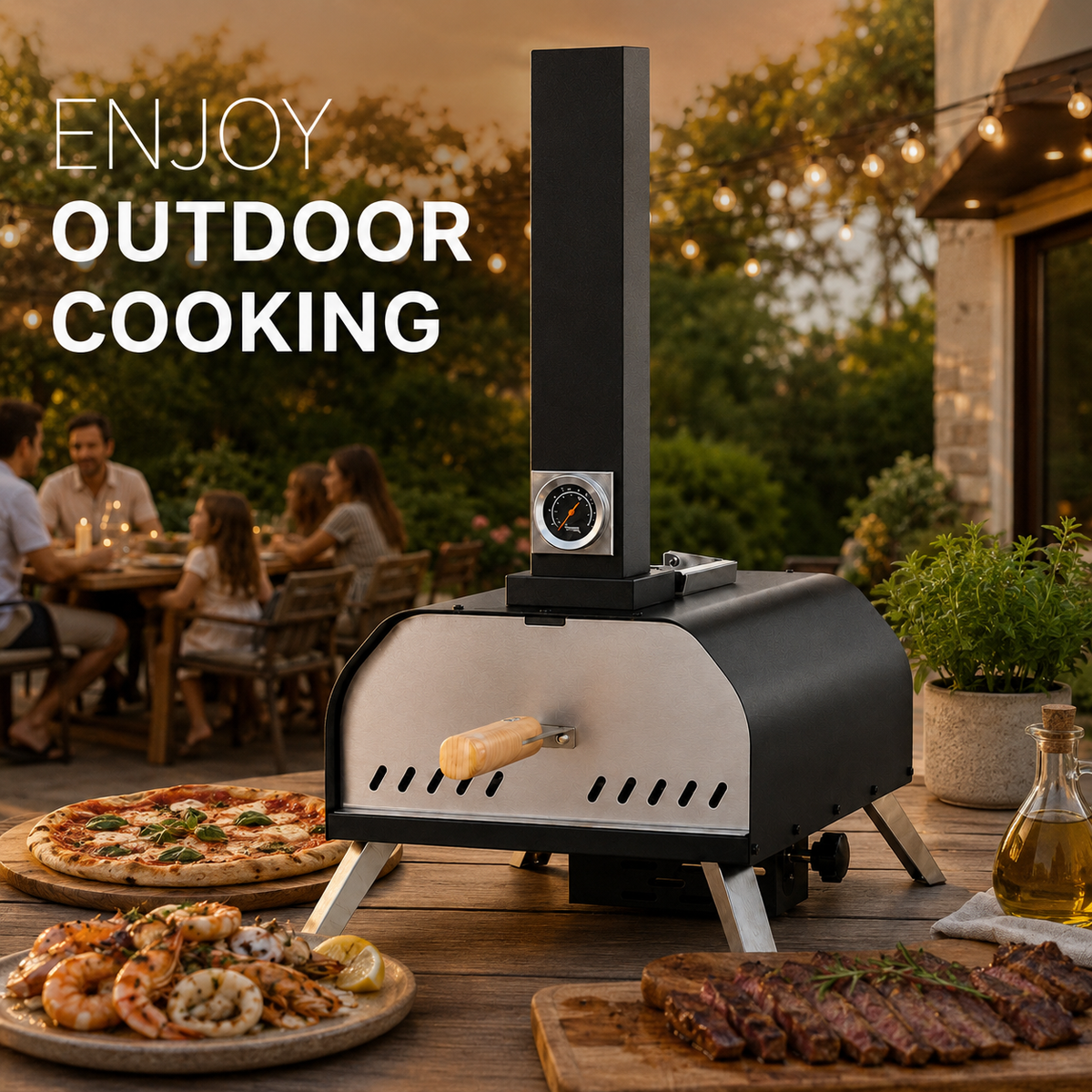 Portable Pizza Oven with Thermometer Outdoor 11 inch Rotating Stone Wood Pellet Complete Set