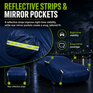 GagaFast Blue Shield Car Cover Reflective Strips and Mirror Pockets – Night-Time Visibility and Tailored Fit