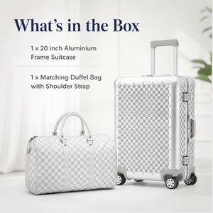 White 20-inch suitcase and matching duffel bag included in the luggage set