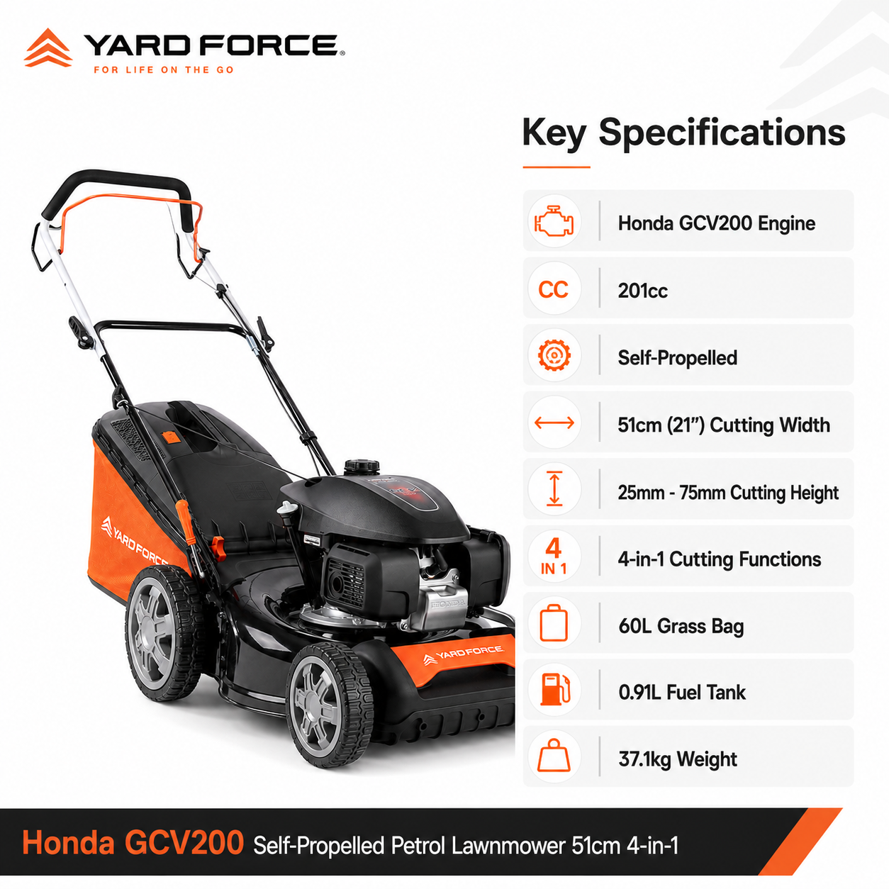 YARD FORCE Honda GCV200 Self-Propelled Petrol Lawnmower 51cm 4-in-1