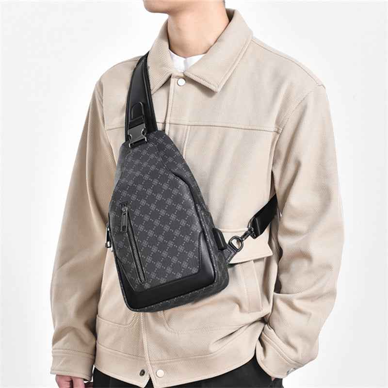 Men's Classic Monogram Crossbody Sling Bag with USB Port