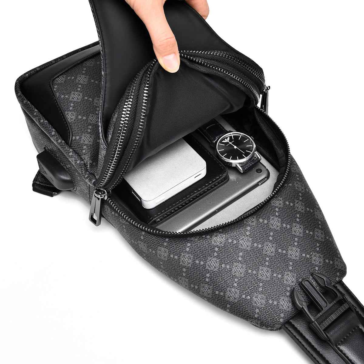 Men's Classic Monogram Crossbody Sling Bag with USB Port