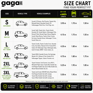 GagaFast Black Shield Car Cover Size Chart – S M L XL 2XL Sizing Guide for Hatchback Sedan SUV Bakkie