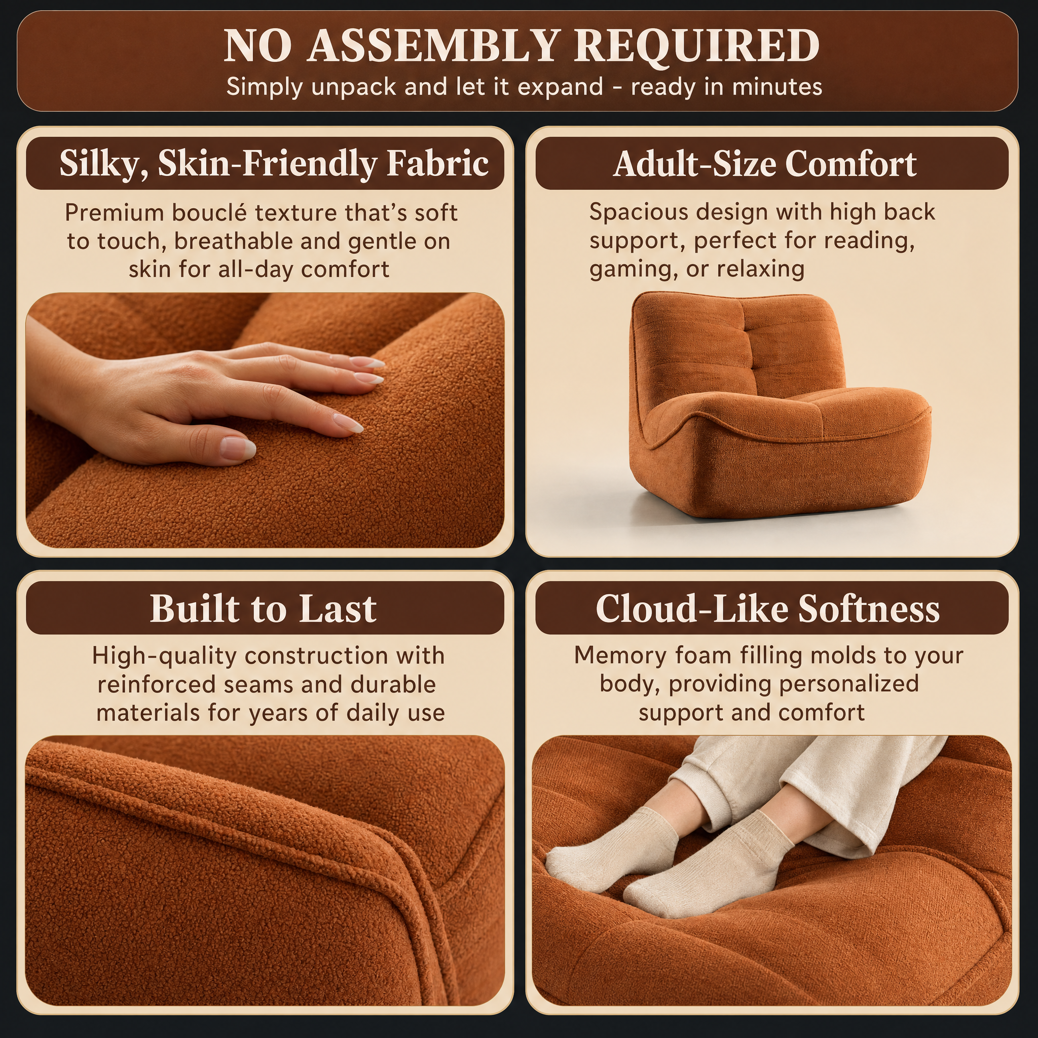 Compressed Sofa for Adults Giant Bean Bag Chair Ergonomic Memory Foam Sofa