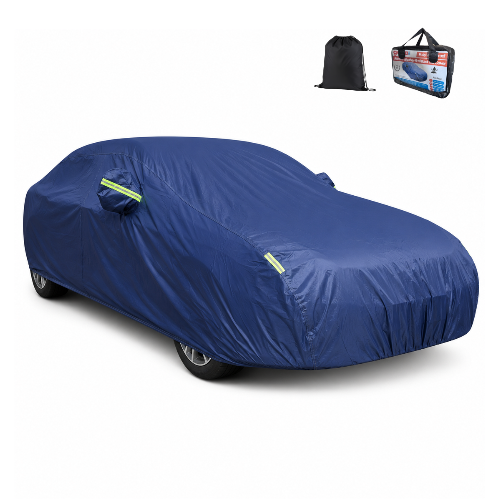 GagaFast Blue Shield Waterproof Car Cover on Sedan with Carry Bag and Packaging