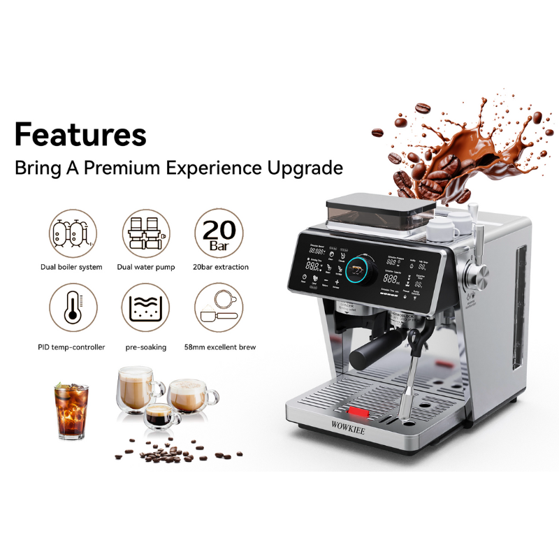 WOWKIEE Commercial-Grade Manual Espresso Coffee Machine with Grinder Smart Display
