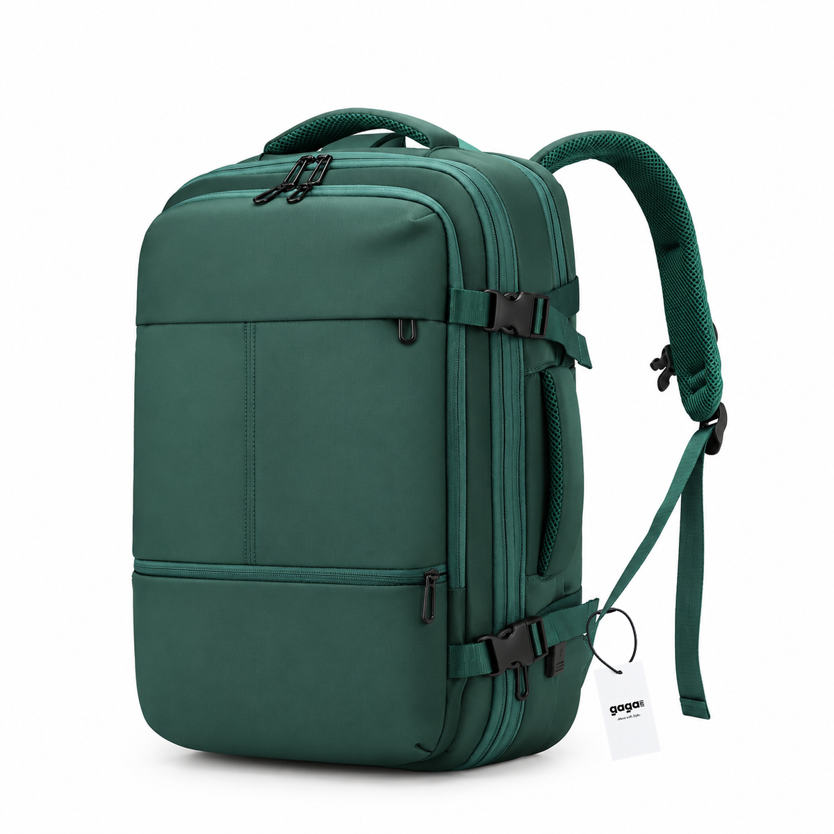 Green 33L expandable travel laptop backpack, front and side view with shoulder straps