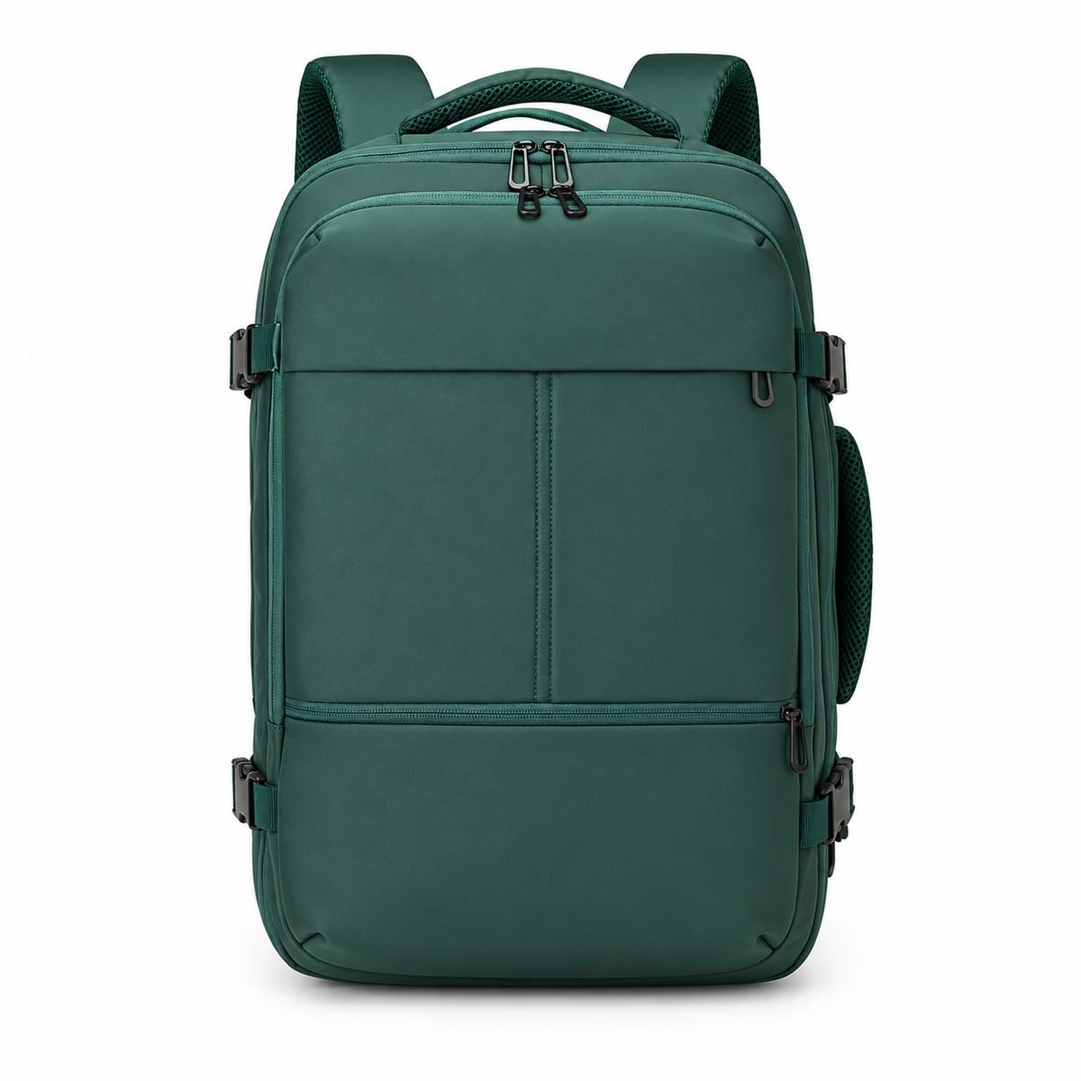 Green expandable travel laptop backpack, front view