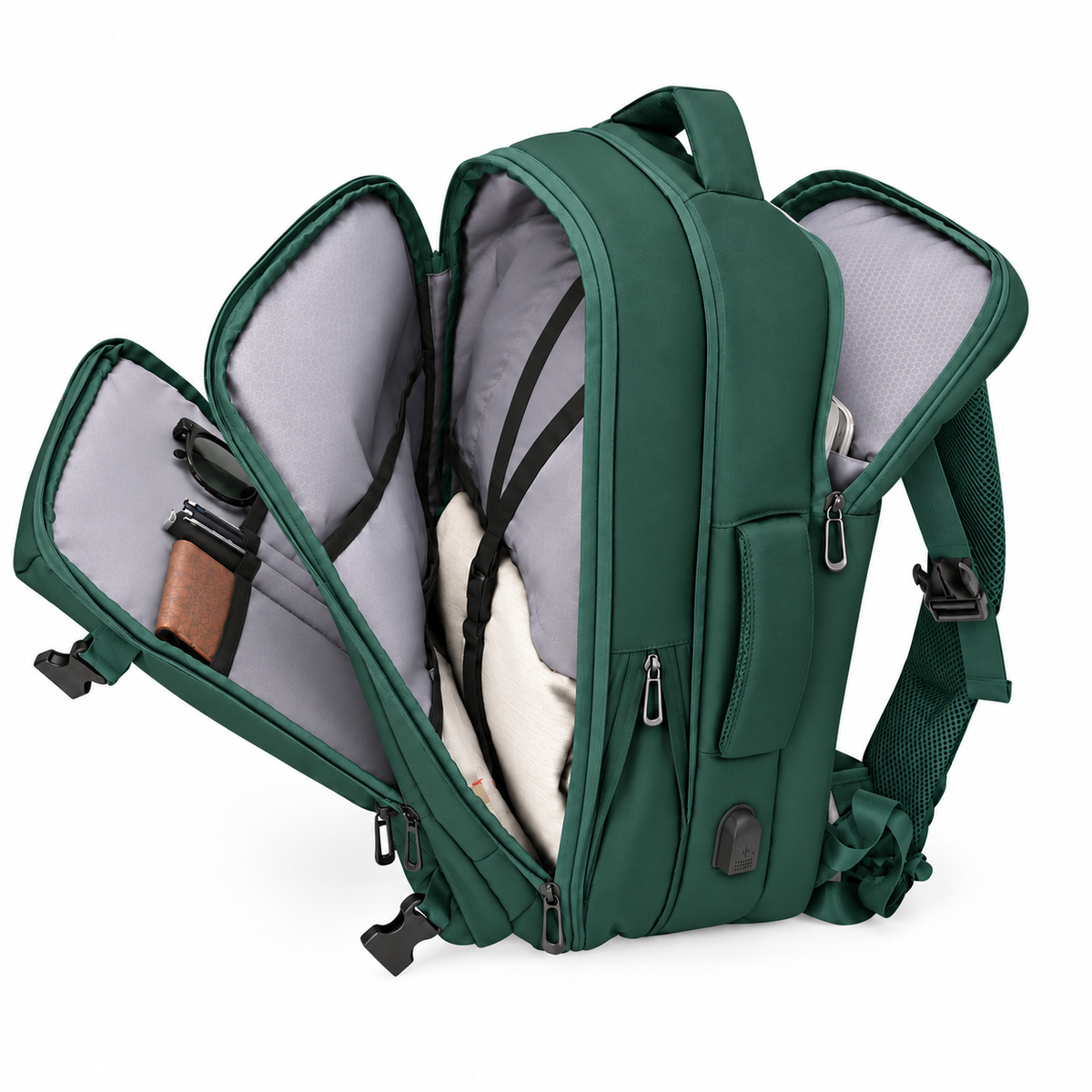 Green travel backpack opened to show laptop sleeve, inner compartments and USB port