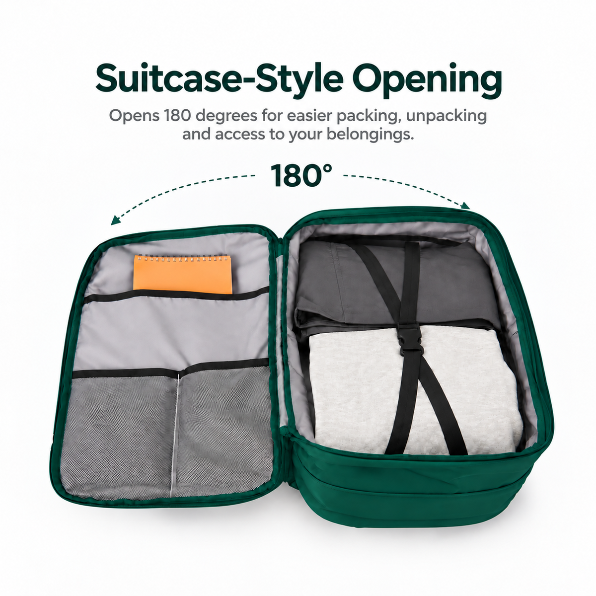 Travel backpack with suitcase-style 180-degree opening showing packed clothes