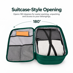 Travel backpack with suitcase-style 180-degree opening showing packed clothes